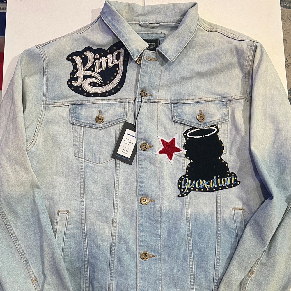 Vintage-style PYFD denim jacket with "Ring" and "Guardian" patches 3X NWT